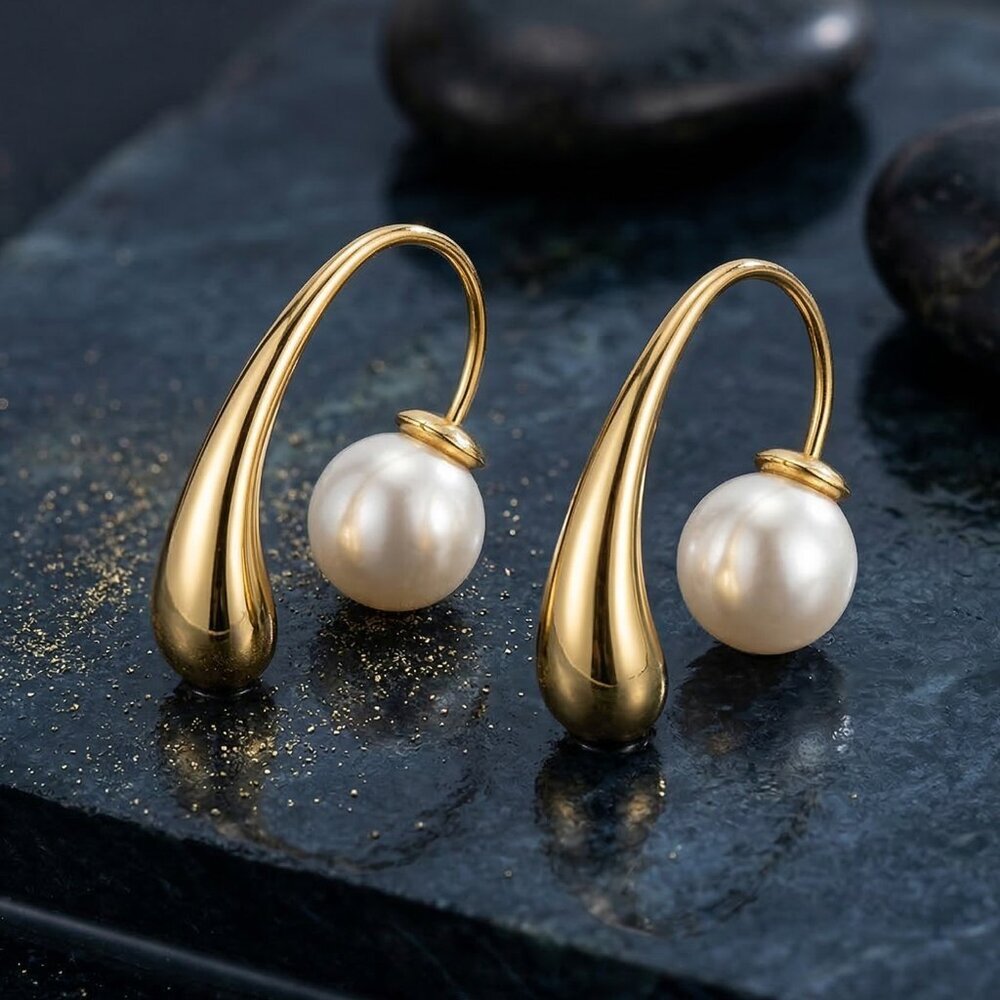 18K Gold Plated Stainless Steel Faux Pearl Reversible Ear Jacket Drop Earrings